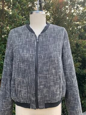 Gap Women’s Medium Tweed Zip Bomber Jacket Black/White Ribbed Trim Casual